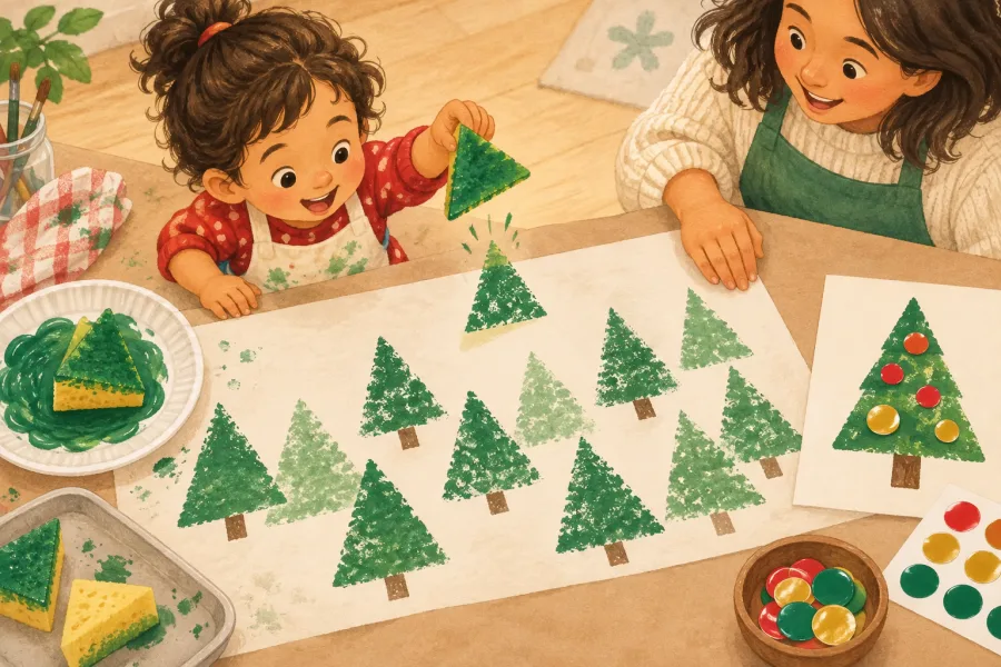 A preschooler lifts a triangle sponge to reveal a green Christmas tree print