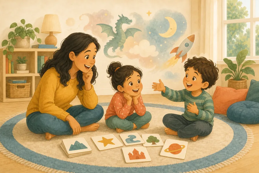 A family taking turns inventing a story with simple picture prompt cards