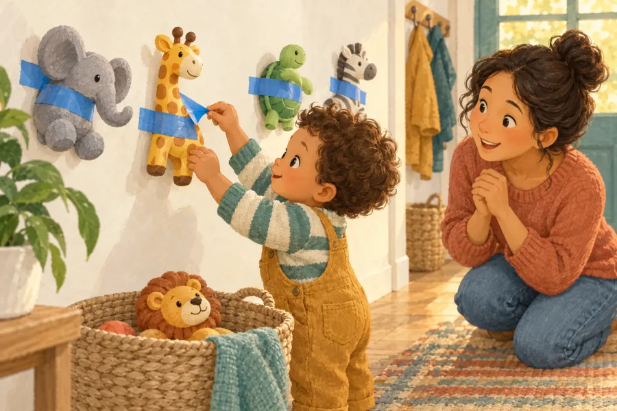 A toddler peels blue painter's tape to rescue chunky toy animals from a wall