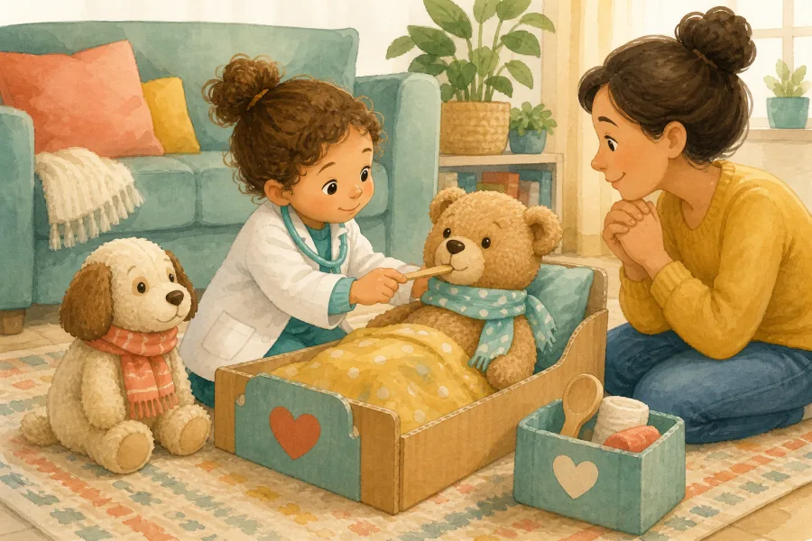 A preschool doctor gently checking a teddy bear with safe pretend medical tools
