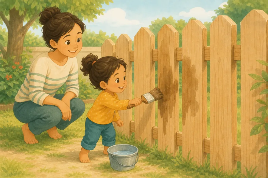 A toddler painting temporary shapes on a sunny fence with water and a large brush