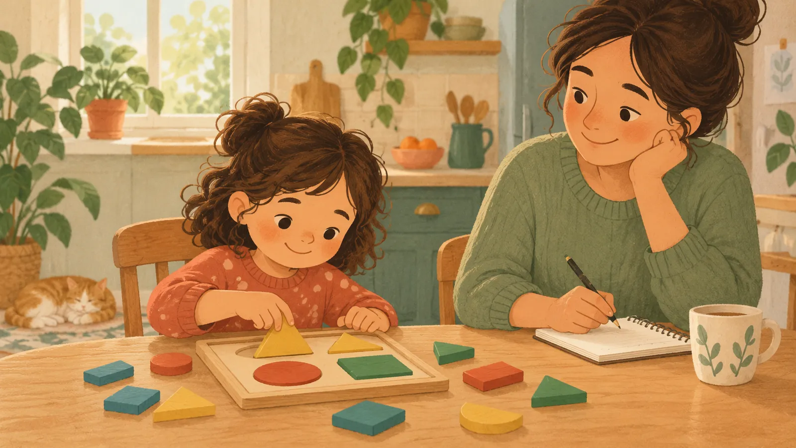 Parent observes a child solving a puzzle at the kitchen table