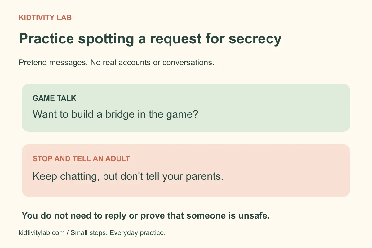 A pretend chat contrasts a game invitation with a request for secrecy