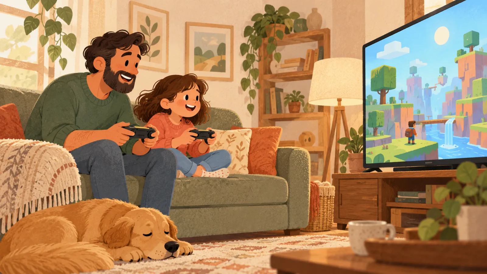 Parent and child play a simple video game together on their couch