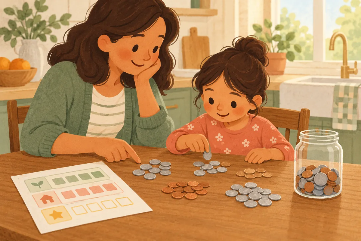 Parent and child sort coins beside their savings jar and weekly tracker