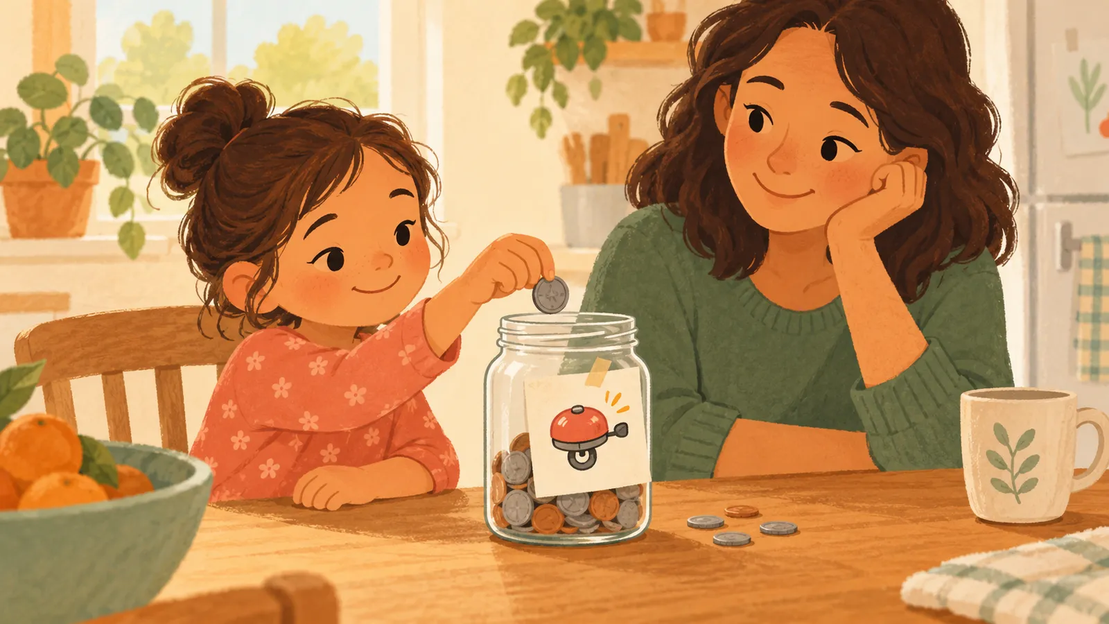 Child drops a coin into a clear jar labeled with their goal