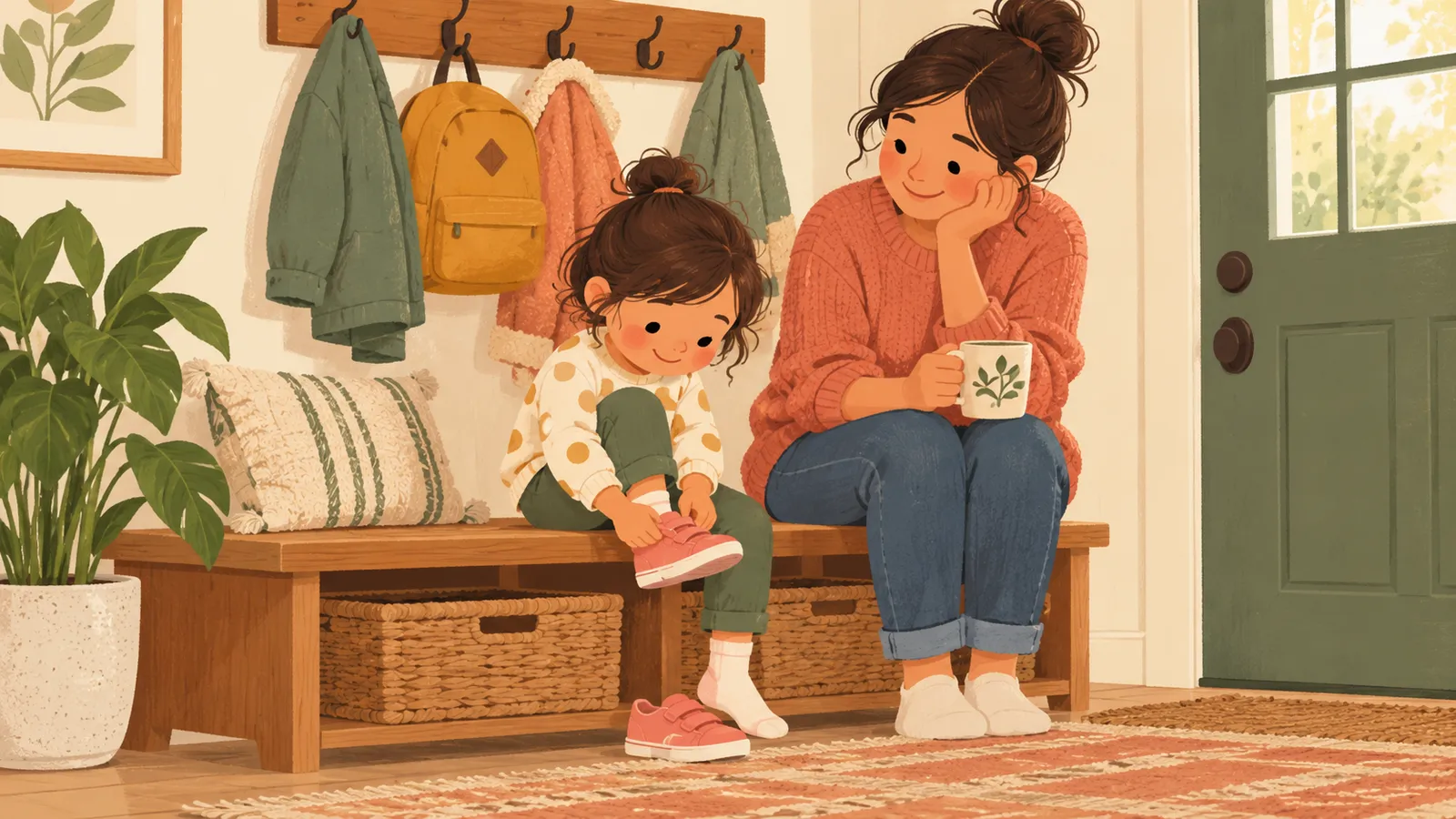 Preschooler puts on a shoe while a parent waits patiently nearby